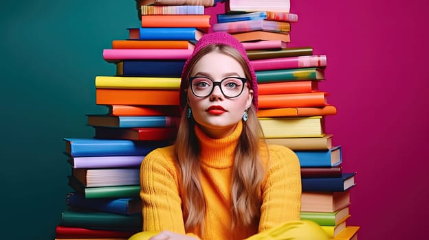 Cute girl with glasses sitting surrounded by the books. Books around the schoolgirl in colorful scene. Generated AI