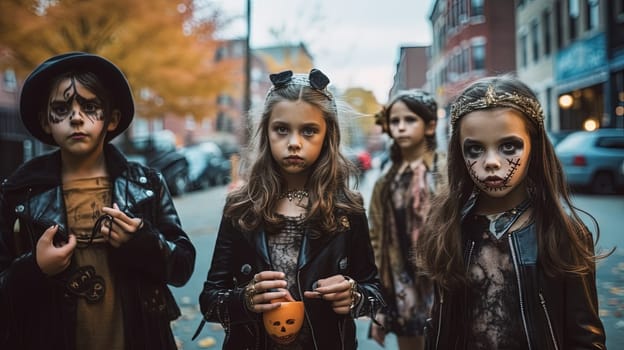 Little girl whith spooky Halloween makeup. Creepy and scary autumn holiday costume for Halloween celebration. Generative AI