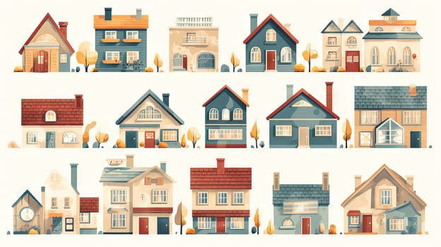 Set of cute residental houses in the neighborhood. Colorful architecture of suburb or village cottages. Generated AI