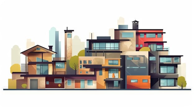 A street with cute modern residental houses in the neighborhood. Suburb architecture or village cottages. Generated AI