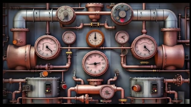Industrial plant background with shiny pipes. Generated AI