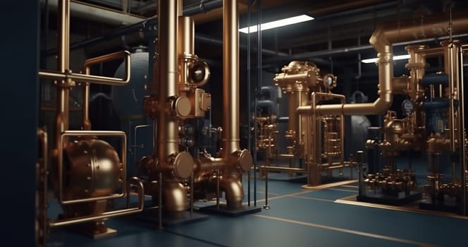 Industrial plant background with shiny pipes. Generated AI