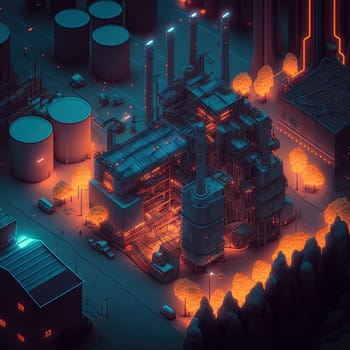 Synthwave styled factory with isometric view. Blue and purple industrial cityscape with neon lights. Generated AI