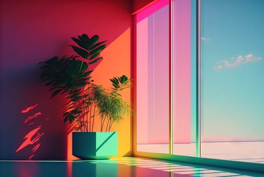 Abstract colorful interior with plants and minimalistic decorations. Vivid colored architectural background. Generated AI