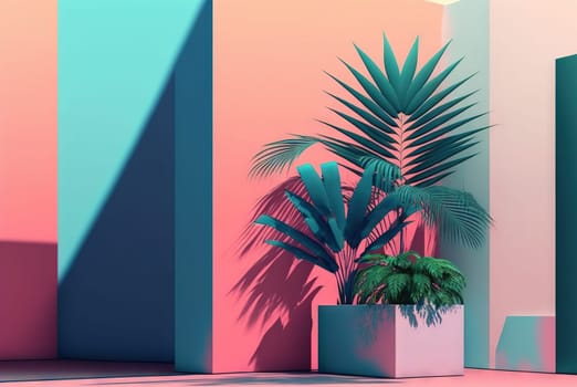Abstract colorful interior with plants and minimalistic decorations. Vivid colored architectural background. Generated AI