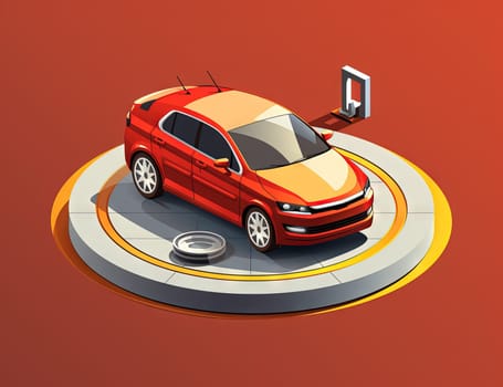 Isometric retro car travelling with elements of environment. Generated AI