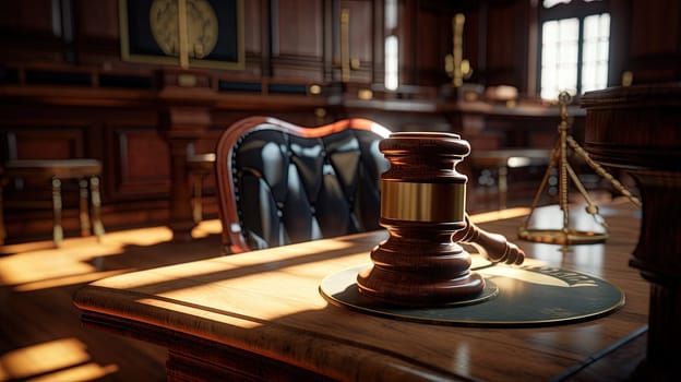 Judge hammer in the court room. Wooden gavel as a symbol of justice. Generated AI