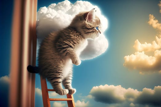 Curious kitten climbing the ladder to the sky with clouds. Cute tiny cat on the stairway. Generated AI