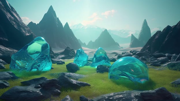 Science fiction landscape with glass mountains. Alien planet with melted glass rocks. Generated AI