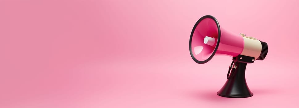 A chic pink and black megaphone on a matching background, providing ample copy space, perfect for engaging advertisements, announcements, or marketing materials. Panoramic banner. Generative AI