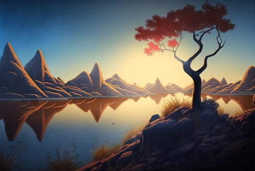 Scenic view of a fantasy island with neon city in the mountain landscape. Generated AI