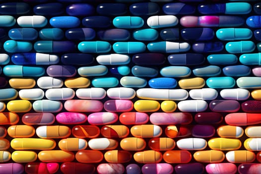 Background with pills and capsules ordered in rows or pattern. Medical drug or dietary supplement concept. Generated AI