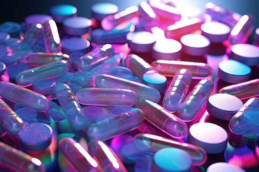 Background with pills and capsules in neon blue and purple colors. Medical drug or dietary supplement concept. Generated AI
