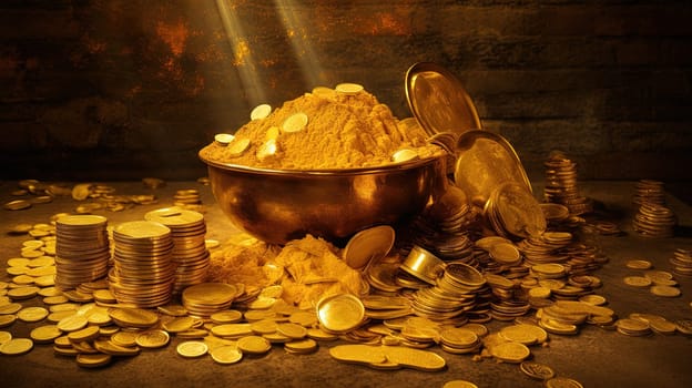 Money concept background with stacks of golden coins. Finance abstract with yellow coins. Generated AI