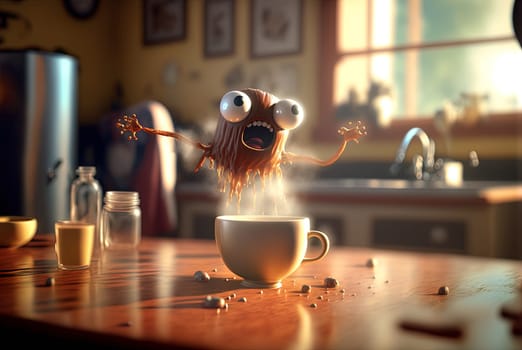 Coffee monster with crazy eyes. Cute character with caffeine energy, very excited. Generated AI