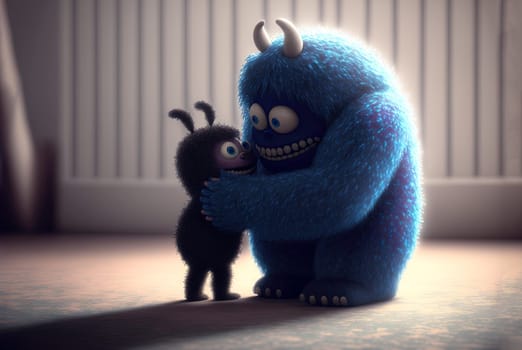 Monster hugging the child. Cute scene with mother monster love. Generated AI