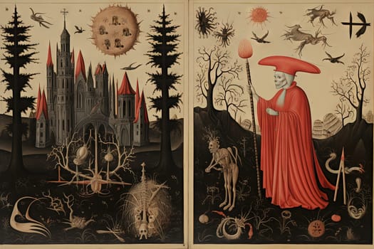 Medieval styled occult art with skeleton and monsters. Ancient icon or old book illustration with mystic religious scene. Generated AI