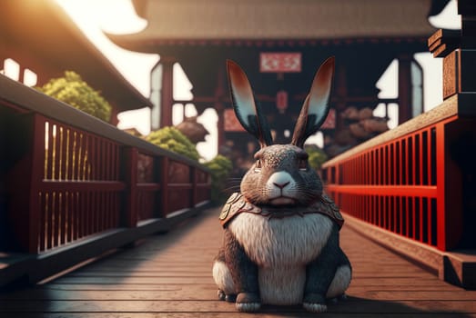 Rabbit samurai in traditional temple. Japanese temple with hare warrior in armor. Generated AI