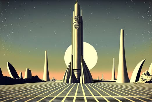 Retrofuturistic landscape in 80s sci-fi style. Retro science fiction scene with futuristic buildings. Generated AI