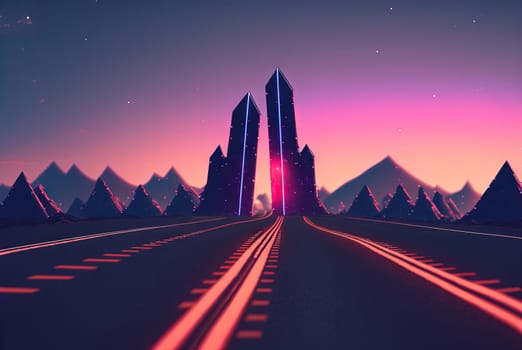 Road to the horizon concept with synthwave colors. Abstract background with surreal night way in 80s style. Generated AI