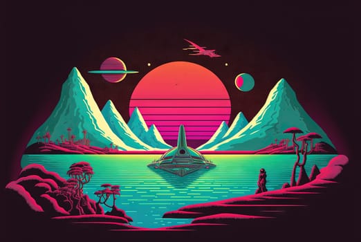 Retro styled sci-fi landscape with mountains. Retro futuristic science fiction illustration in drawing style with alien sun. Generated AI
