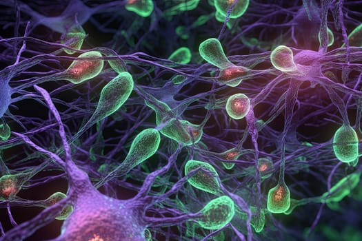 Science and medicine abstraction with neurons transmitting synapse signal. Neural system with impulse going through nerve cell. Generated AI