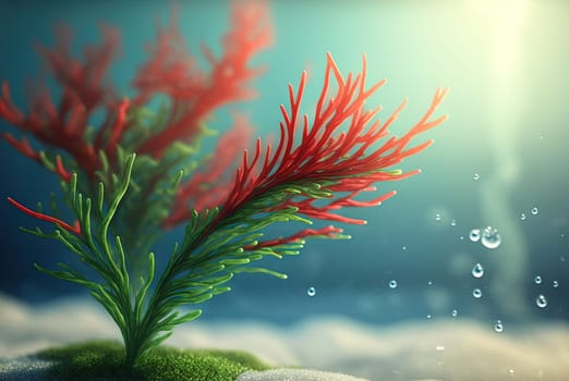Seaweed on marine landscape. Wet grass on the coast with ocean or sea around. Generated AI