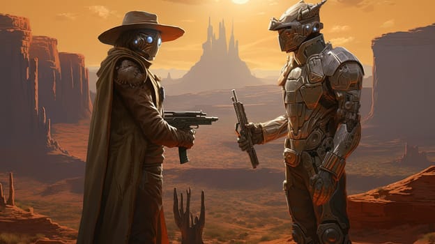 Space cowboys in sci-fi western scene. Sci-fi warriors of the wasteland. Generated AI