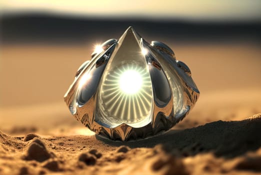 Abstract fantasy shell on the beach. Surreal seashell on the alien planet landscape. Generated AI
