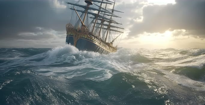 Ship in the stormy sea with huge waves. Giant stormy waves in the ocean and boat. Generated AI