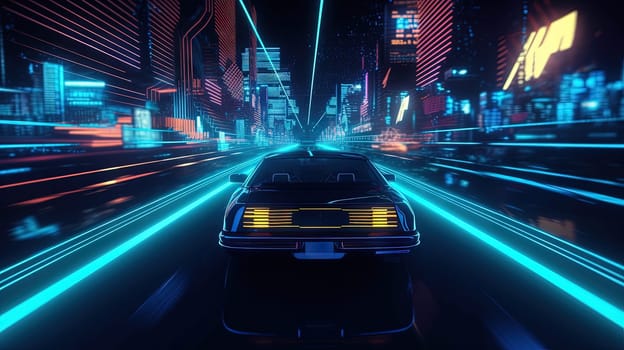 Car ride on the neon road in 80s retro synthwave style. Generated AI