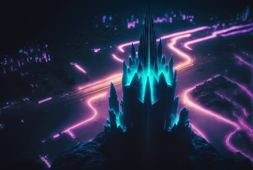 Abstract neon city aerial view. Technology concept of night cityscape with blue lights in synthwave style. Generated AI