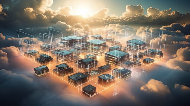 Concept of a digital city with cloud connections. Futuristic network in the clouds. Generated AI