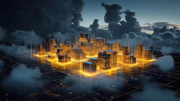 Concept of a digital city with cloud connections. Futuristic network in the clouds. Generated AI