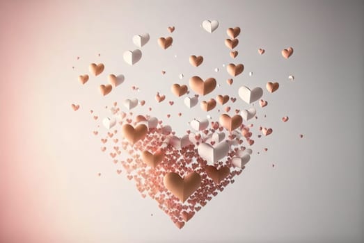 Abstract flying hearts, romantic pink symbols scattered to show love. Blurred background. Generated AI