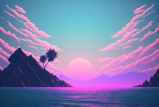 Calm and relaxing landscape with mountains in vaporwave style. Pink and blue view in 90s style. Generated AI