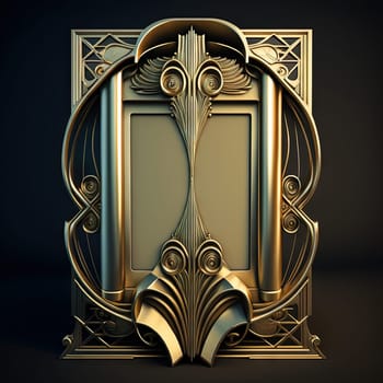 Golden ornamental art deco frame on black bakcground. Retro golden art deco or art nouveu frame with vintage ornament. Generative AI