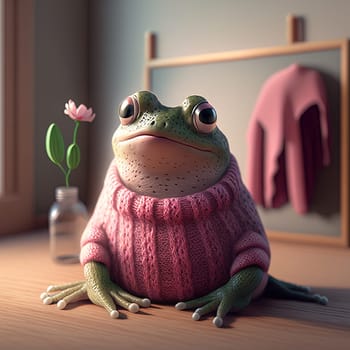 Frog in pink knitted sweater relaxing at home. Funny green frog in cozy clothes, self care concept. Generative AI