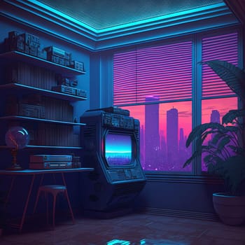 Nostalgic retro room in 80s synthwave or cyberpunk style. Futuristic neon interior of the 90s styled apartment with tv screen or computer monitor