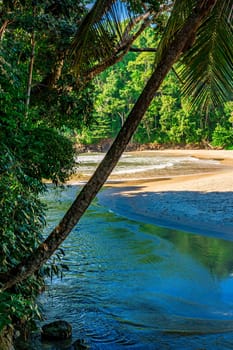 Paradisiacal beach with the meeting between the river and the sea in Itacare on the south coast of the state of Bahia