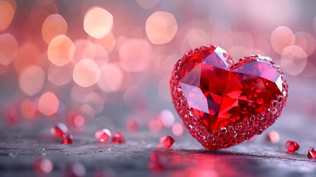 Beautiful luxury red heart made of ruby gemstone on a pink background. Copy space. AI generated.