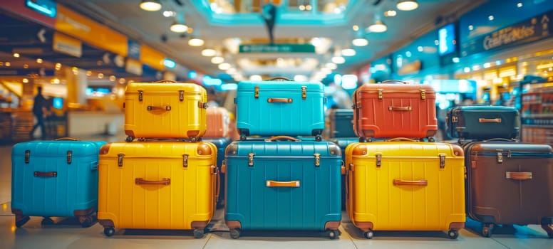 Suitcases at the airport. Travel and vacation theme background. Travel banner.