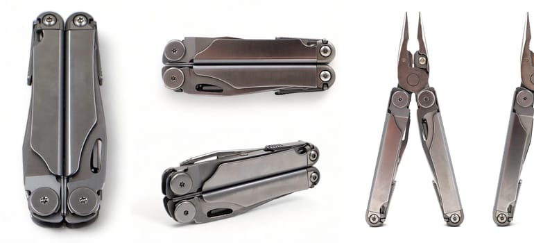 Modern steel multitool with many tools isolated on a white background. Set of different angles and positions. Portable multitasking tool. Compact and portable product. EDC concept