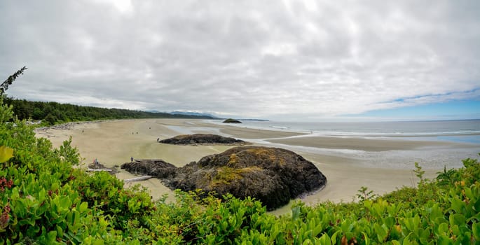 Overview of Pacific ocean long beach near Tofino, British Columbia, Canada.