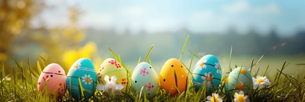 Easter eggs, green meadow on blurred background. Wide format banner AI