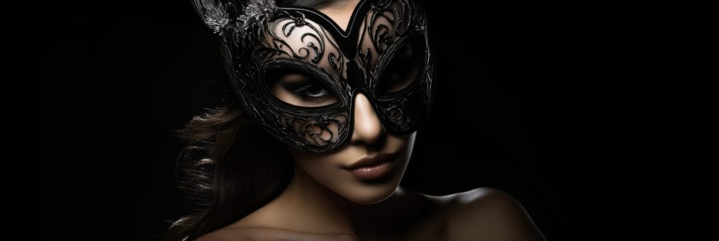 Beautiful woman in a mysterious sexy mask on a black background AI