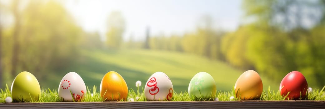 Easter eggs, green meadow on blurred background. Wide format banner AI