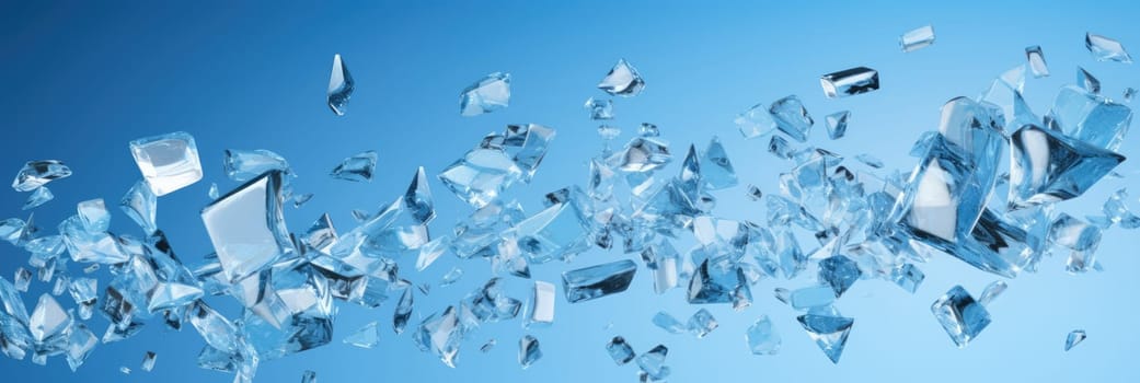 Flying glass fragments on a blue background. Wide format banner AI