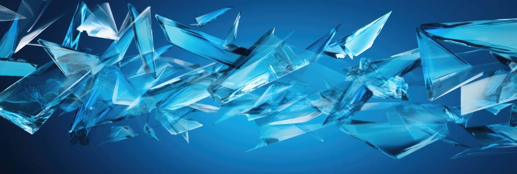 Flying glass fragments on a blue background. Wide format banner AI