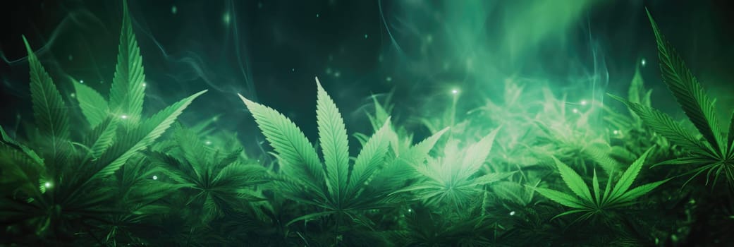 Marijuana plants on background. Green background with hemp leaves. Wide format banner AI